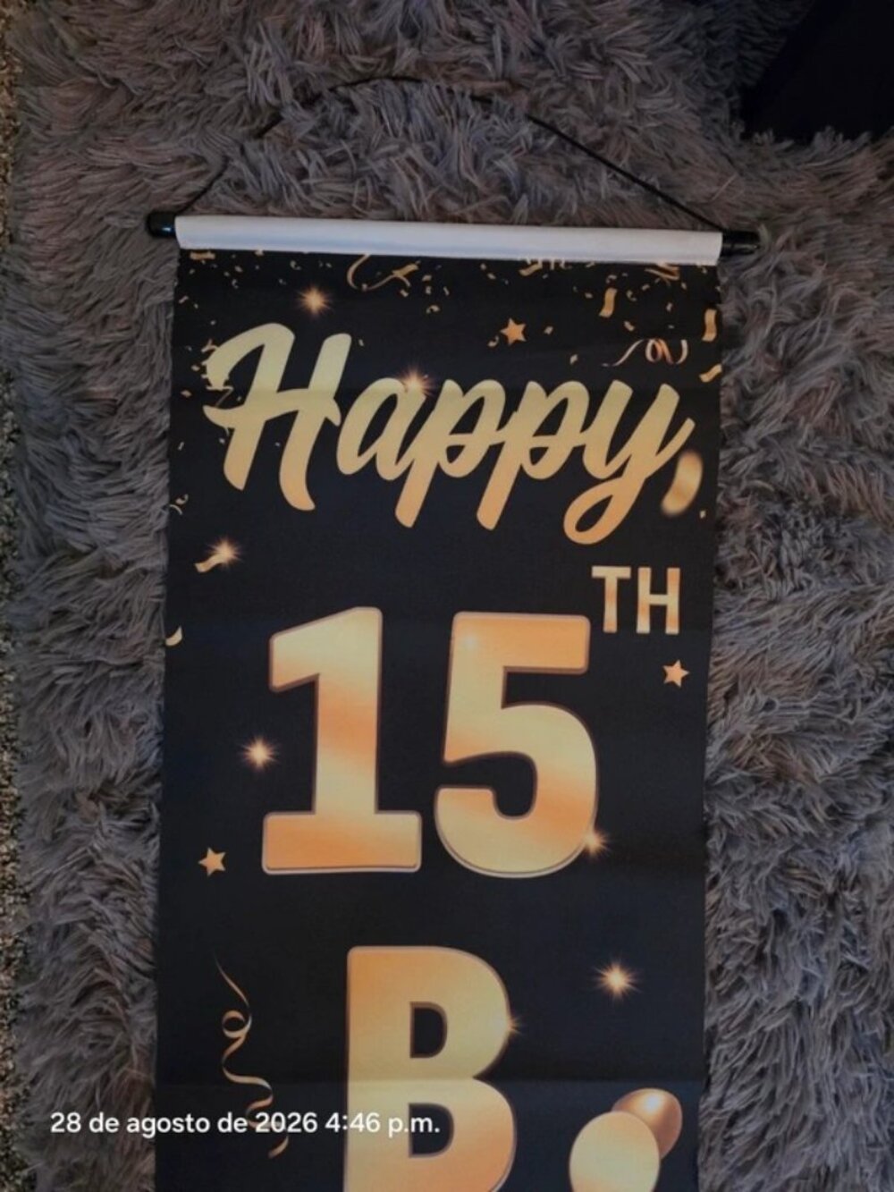 Happy 15th Birthday Party Banner Hanging Decoration Black Gold Stars Plastic
